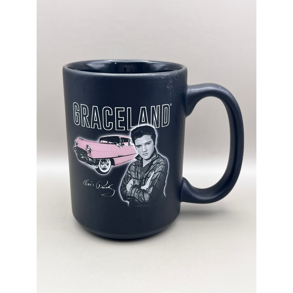 Vtg Elvis Presley Graceland Matte Black Coffee Mug Pink Cadillac Souvenir Large